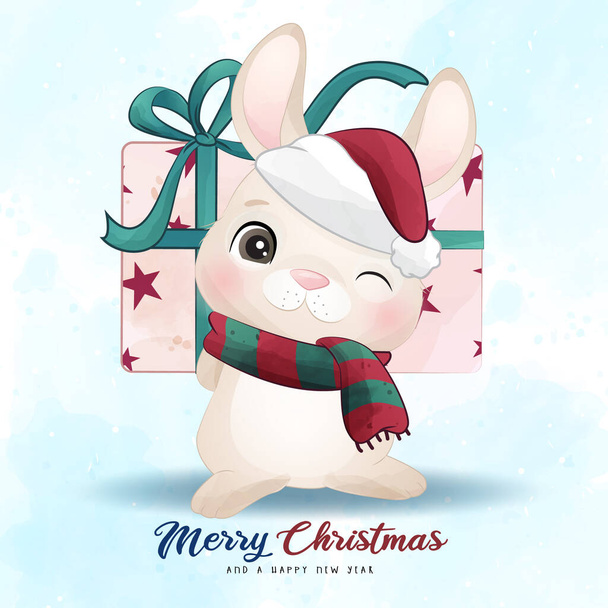 Adorable conejito feliz navidad con ilustración de acuarela - Vector, imagen