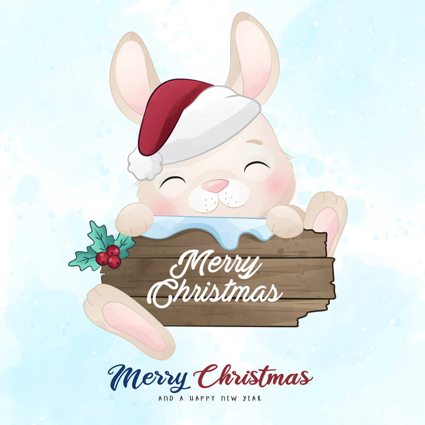 Αξιολάτρευτο μικρό λαγουδάκι Καλά Χριστούγεννα με ακουαρέλα εικονογράφηση - Διάνυσμα, εικόνα