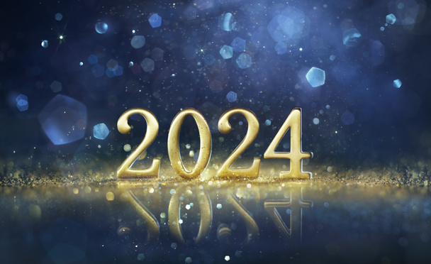 2024 Nieuwjaarsviering - Gouden Nummer Met Glitter Op Blauwe Avond In Abstract Defocused Lights - Foto, afbeelding