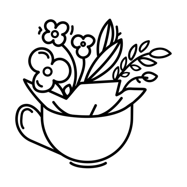 Taza con flores dentro de la línea logotipo icono concept.Vector ilustración de una taza de café o té con flores que crecen de ella. diseño de línea simple para la cafetería, idea de la tienda de flores - Vector, imagen