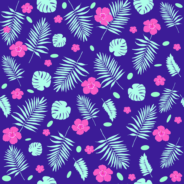 Tropical flowers and leaves pattern - Vector, imagen