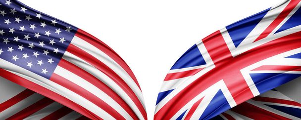Bandera americana y bandera del Reino Unido de seda y fondo blanco-3D ilustración - Foto, imagen