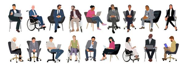 多様なビジネスパーソンが座り,会議,ビジネスイベントに参加します. さまざまな男性,女性,障害者,アームチェア,車椅子のセット. 独占的なビジネスコンセプト。 隔離されたベクトルイラスト. - ベクター画像