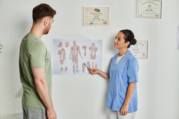 веселий привабливий лікар, який показує схеми анатомії своєму пацієнту під час призначення, охорона здоров'я - Фото, зображення