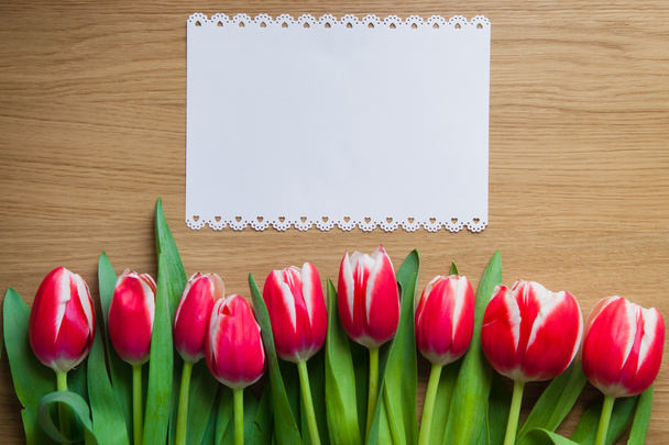 Slender series of tulips  and a sheet of paper for writing text on the background of wood texture - 写真・画像