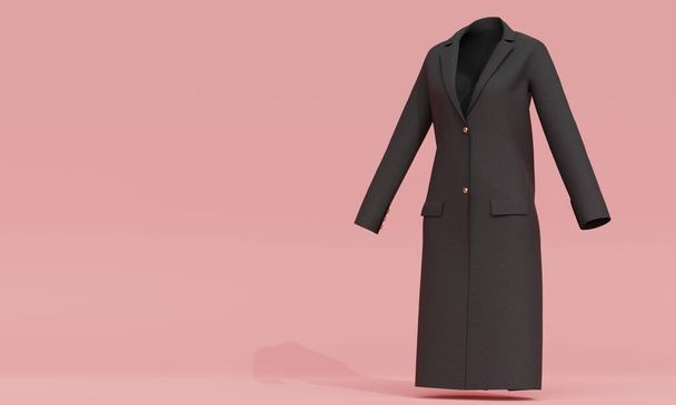 Abrigo de lana negra con botones dorados sobre fondo rosa estudio. Concepto de belleza y moda. renderizado 3d - Foto, imagen