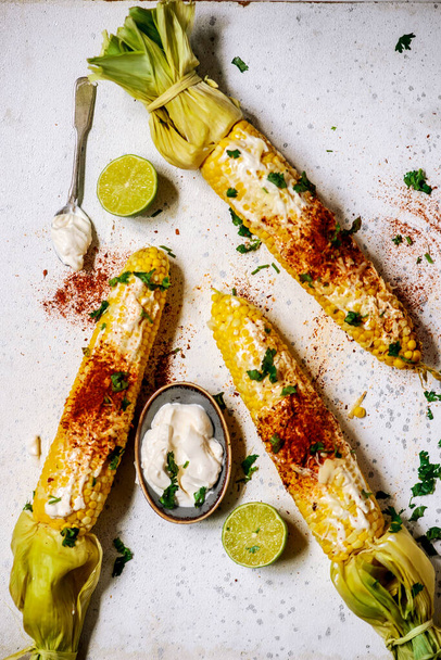 Mexican street corn with spicy mayonnaise.top veiw. selective focus - Photo, Image