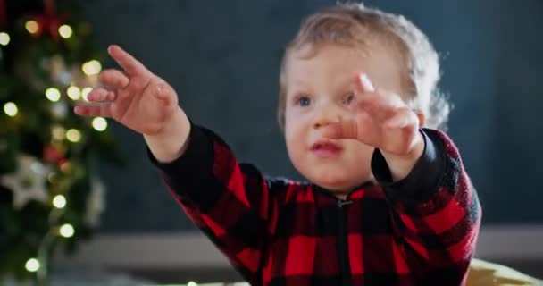 Хлопчик Тоддлер піднімає руки, досягаючи улюбленого різдвяного подарунка проти дерева з гірляндою. Малюк хоче відкрити подарунки під час святкування Нового року - Кадри, відео