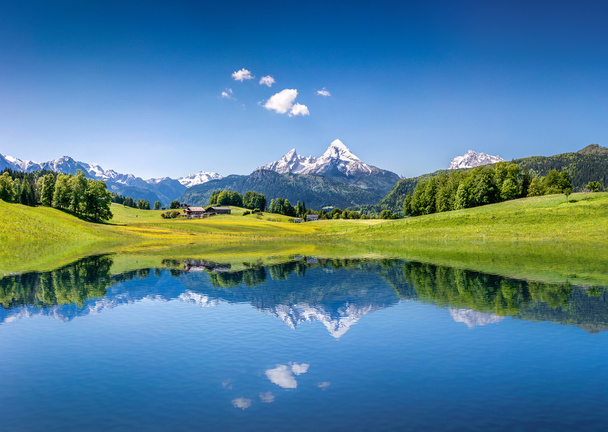 Paisaje idílico de verano con lago claro de montaña en los Alpes
 - Foto, Imagen