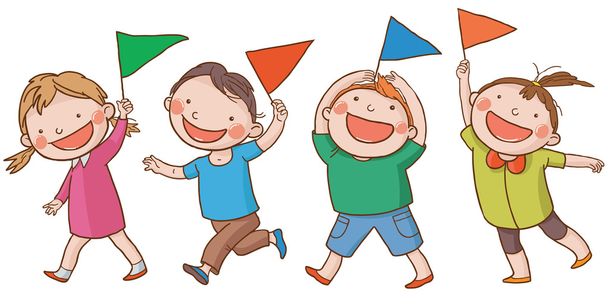 Niños felices con banderas
 - Vector, Imagen