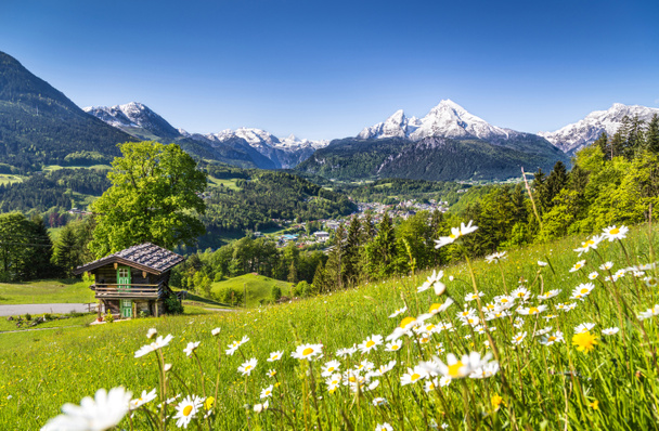 Paesaggio montano idilliaco nelle Alpi con tradizionale baita di montagna in primavera
 - Foto, immagini