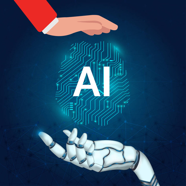 Ai electronic brain, human and robot hand with artificial intelligence hanging brain, human and ai help each other concept - Vector, Image