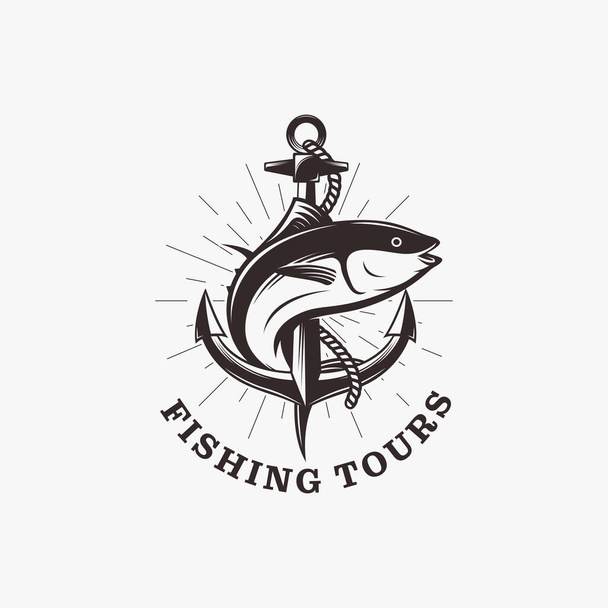 Diseño de vector de logotipo de pesca vintage sobre fondo blanco - Vector, imagen