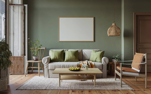Oturma odasının içi zarif koyu yeşil duvarlar ve çağdaş mobilyalar ile süslenmiş, konfor ve zarafetin ahenkli karışımı, 3D sunum - Fotoğraf, Görsel