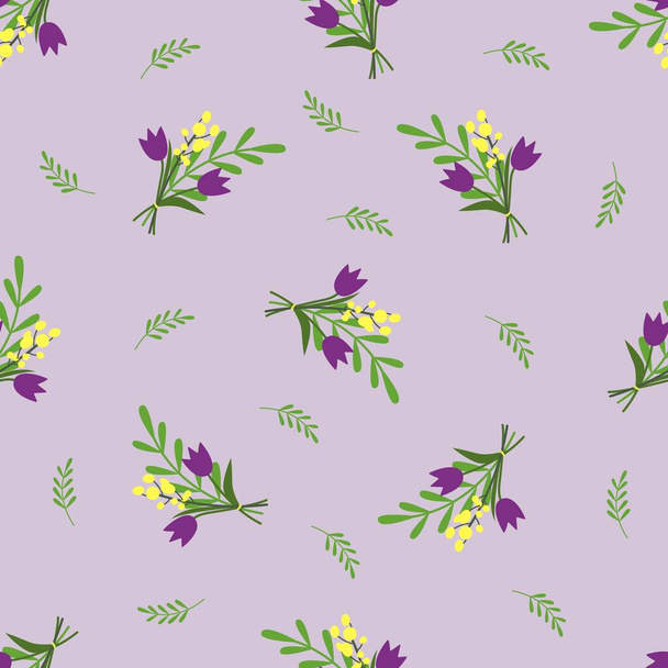 Seamless floral vector pattern. Surface design with a bouquet, small spring plants like tulip, mimosa flowers, leaves, branches isolated on lilac background. - Vector, Image