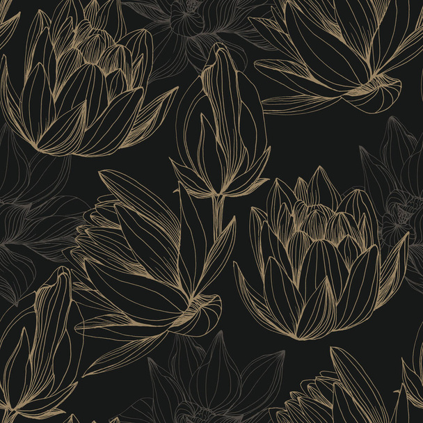 Lotos bezszwowy wzór, Vector spa lotos tapety, tkaniny, tekstury, tło. Piękny kwiatowy lotos romantyczne bezszwowe wzory z kwiatami. - Wektor, obraz
