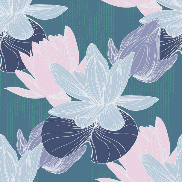 Lotus zökkenőmentes minta, Vector spa lótusztapéta, szövet, textúra, háttér. Gyönyörű virágos lótusz romantikus zökkenőmentes minták virágokkal. - Vektor, kép