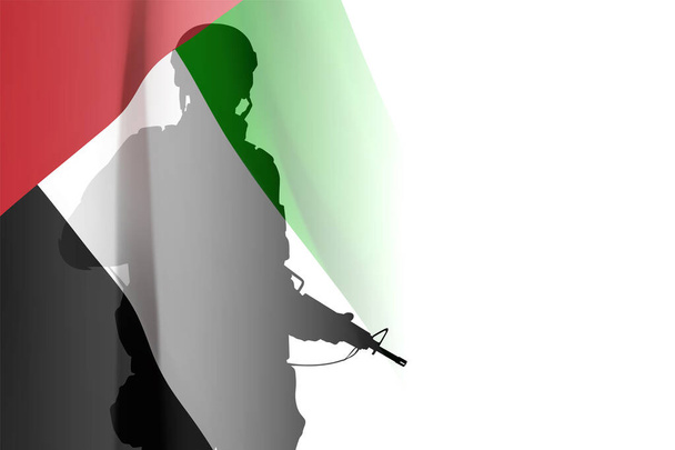 Silhouette of soldier with the flag of UAE on white background. Armed forces of United Arab Emirates. Concept for Commemoration Day, Martyrs Day, National Day. EPS10 vector - Vector, Imagen