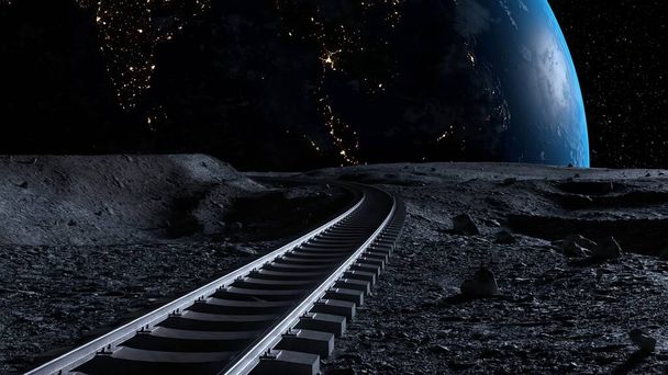 Las vías férreas se extienden a través de un paisaje lunar estéril con una vista detallada de un planeta Tierra brillantemente iluminado que muestra las luces de la ciudad, situado contra un vasto cielo estrellado. ilustración 3d - Foto, Imagen
