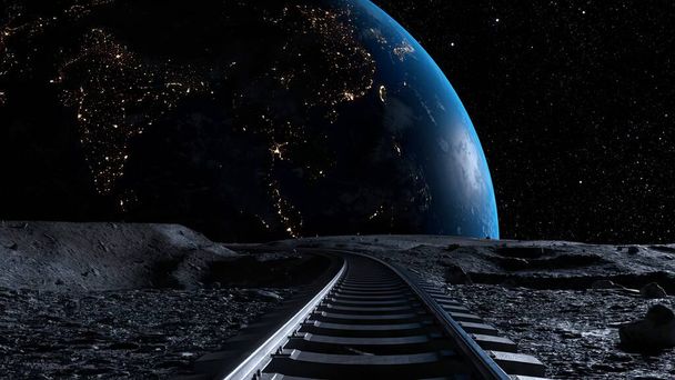Las vías férreas se extienden a través de un paisaje lunar estéril con una vista detallada de un planeta Tierra brillantemente iluminado que muestra las luces de la ciudad, situado contra un vasto cielo estrellado. ilustración 3d - Foto, Imagen