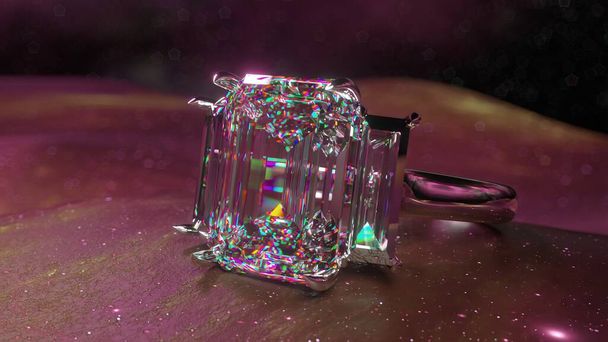 Közelkép egy csillogó gyémántgyűrűről, szürreális, lila, csillagokkal kirakott háttérrel. A gyémánt bonyolultságát és fénytörő tulajdonságait lenyűgöző részletességgel rögzítik. 3d illusztráció - Fotó, kép