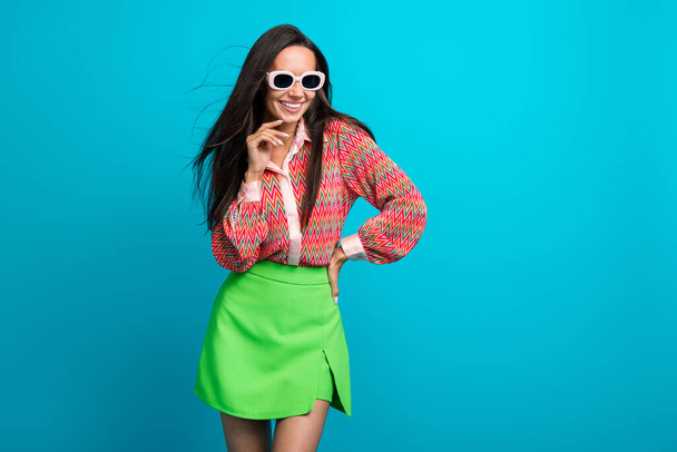 Photo of pretty lady have flirt with boyfriend wear sunglass summer clothes good mood isolated teal blue color background. - Photo, Image