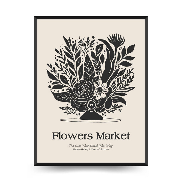 Abstract linocut floral posters template. Modern trendy Matisse minimal style. Black and white colors. Magic., girls and mystical. Hand drawn design for wallpaper, wall decor, print, postcard, cover, template, banner.  - Vector, Image