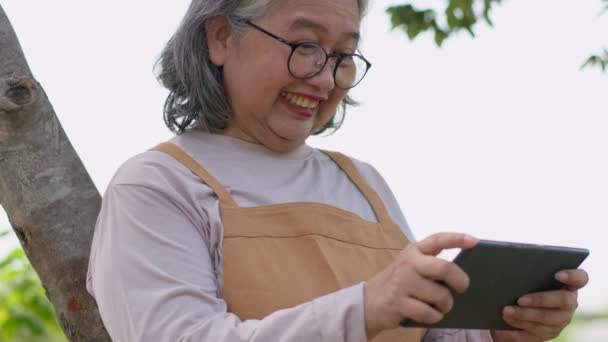 Счастливая азиатская пожилая женщина, пользуясь планшетным компьютером в Интернете, ищет направления для своего путешествия во время отдыха в национальном парке. Концепция спокойного пенсионного образа жизни и общения. - Кадры, видео