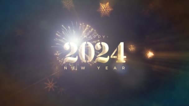 2024 Gelukkig Nieuwjaar gouden tekst glans met vallende goud sneeuwvlokken deeltjes en vuurwerk dromerige filmische titel op zwarte abstracte achtergrond.  - Video