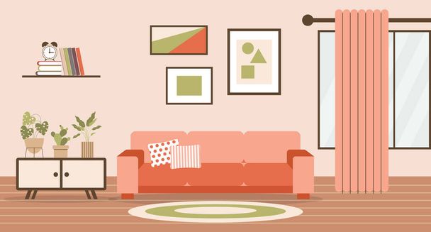 Woonkamer met sofa, woonplanten op het nachtkastje, raam, boekenplank en schilderijen aan de muur. Plat interieur in minimale stijl, vector - Vector, afbeelding
