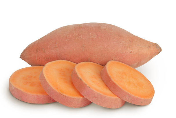 Sweet potato with slices isolated on white background with full depth of field. - Photo, Image