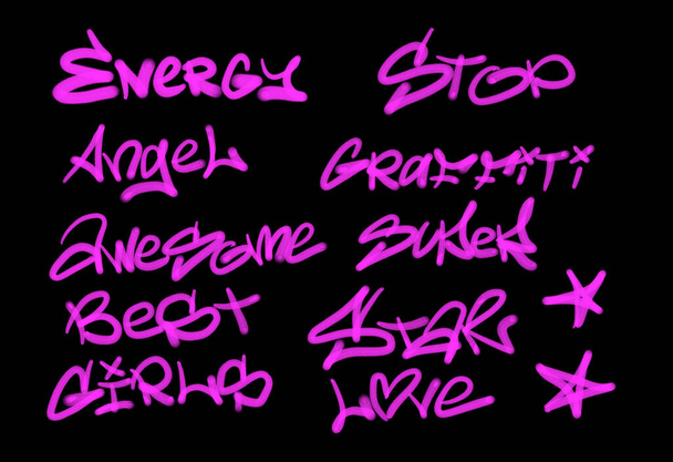 Колекція графіті вуличних арт-тегів зі словами та символами рожевого кольору на чорному тлі - Фото, зображення