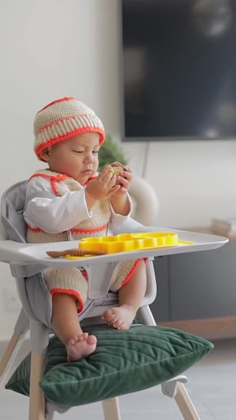 ラテン系の赤ん坊が椅子に座って手で食事をしている. 赤ちゃんの給餌について. BLWについて - 映像、動画