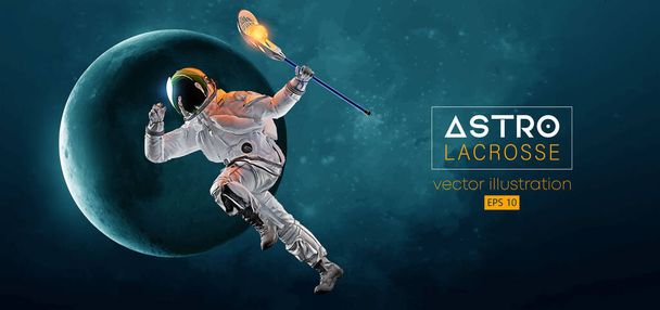 Silueta abstracta de un astronauta jugador de lacrosse en acción espacial y Tierra, Marte, planetas en el fondo del espacio. El astronauta jugador de lacrosse lanza la pelota. Ilustración vectorial - Vector, Imagen