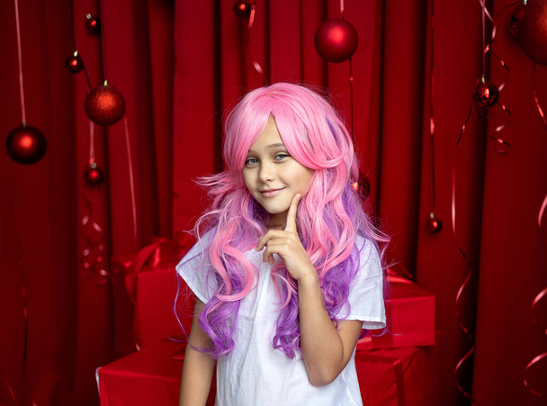 Vanilla Girl. Kawaii vibes. Little girl with pink hair  have party in barbie style on red Christmas background - Photo, Image