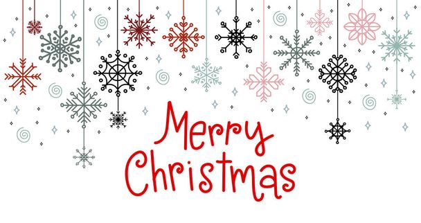 Vízszintes fehér kártya piros, szürke és kék hópelyhekkel, felirattal Boldog karácsonyt. Vektor illusztráció. Téli háttér. Üdvözlőlap, nyomtatott, design, szövet, porcelán és dekoráció készítéséhez - Vektor, kép