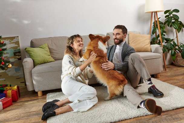 alegre hombre y mujer sonriendo y jugando con lindo perro corgi en apartamento moderno, momentos felices - Foto, imagen