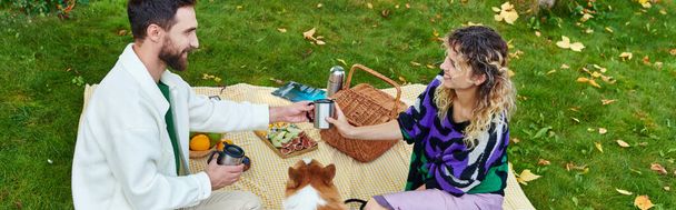 šťastný kudrnatý žena a veselý muž s piknik v blízkosti roztomilý corgi pes na zeleném trávníku v parku, banner - Fotografie, Obrázek