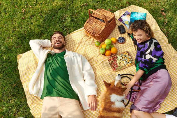 happy couple having picnic, resting and cuddling cute corgi dog on blanket next to delicious food - Fotó, kép