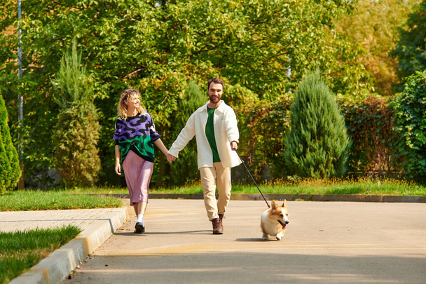 onnellinen pari tyylikäs pukea kädestä ja kävely söpö corgi koira ympärillä vihreitä puita - Valokuva, kuva