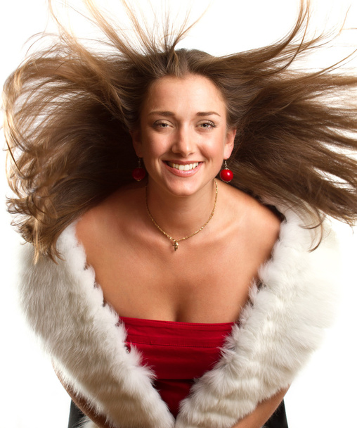European woman in red dress with furs - Photo, Image