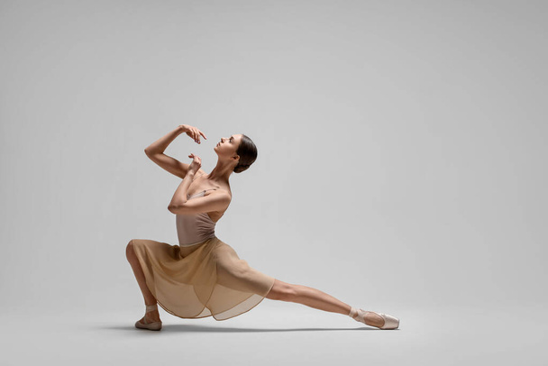 Young ballerina practicing dance moves on white background - 写真・画像