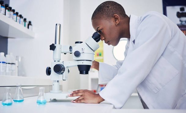 Senior, scientist and black woman, microscope and analysis of data, medical research and science study in lab. Future, knowledge and investigation, female doctor and check DNA sample with chemistry. - Photo, Image
