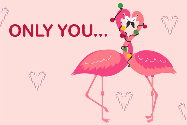 Nettes verliebtes Flamingo-Paar. Vektor-Illustration für Weihnachtsgrußkarte, Valentinstagskarte, Neujahr  - Vektor, Bild