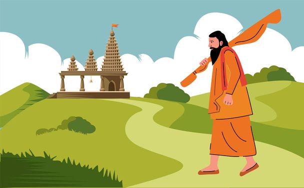 pyhä mies, sadhu kävelee kohti temppeliä, hindu harras - Vektori, kuva