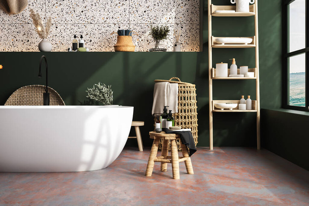 Μοντέρνο άνετο εσωτερικό μπάνιο με όμορφη μπανιέρα, αξεσουάρ μπάνιου, πετσέτα, φυτό, πλακάκι και πράσινο τοίχο, σκάλα, τριαντάφυλλα, τοίχο terrazzo. Ελάχιστος σχεδιασμός. Στο μπάνιο. Mockup. 3d απόδοση - Φωτογραφία, εικόνα