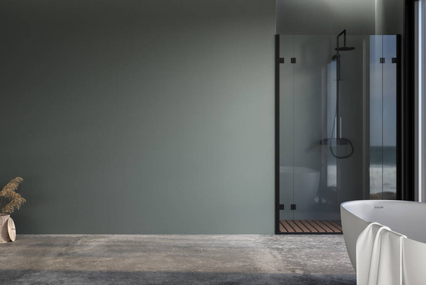 Mur vert foncé blanc pour la maquette de l'armoire de salle de bain, dans la salle de bain moderne, baignoire, sol en béton, douche. Rendu 3d - Photo, image