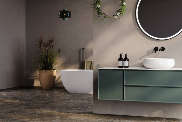 nowoczesna łazienka z beżowymi i gruntowymi ścianami, białą wanną, zieloną próżnością, czarnym lustrem, umywalką, lazurową podłogą oraz widokiem na basen i morze z okna - Zdjęcie, obraz