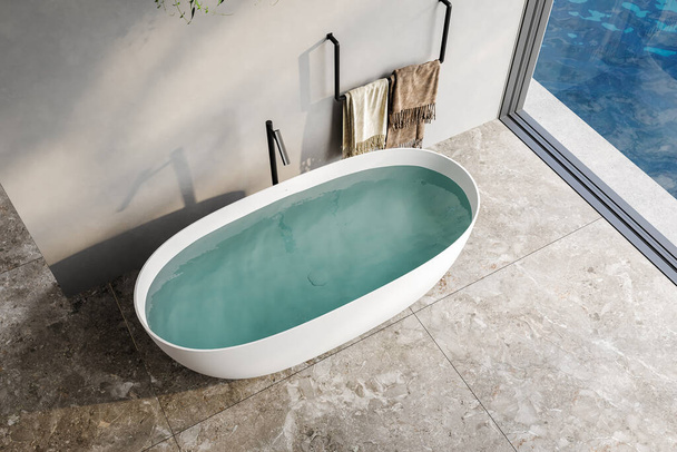 Rendering 3D di un bagno moderno con pareti grigie, vasca bianca, pavimento in terrazzo e vista sulla piscina e sul mare dalla finestra - Foto, immagini