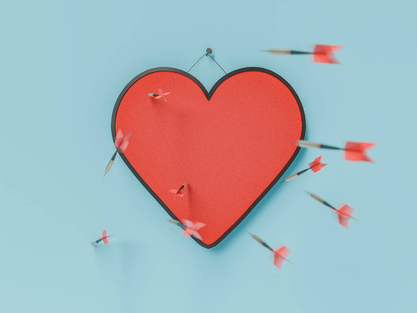 Un bersaglio vivido a forma di cuore è sopraffatto da una raffica di freccette che si avvicinano rapidamente, simboleggiando vulnerabilità in amore su uno sfondo blu morbido. Rendering 3D. - Foto, immagini